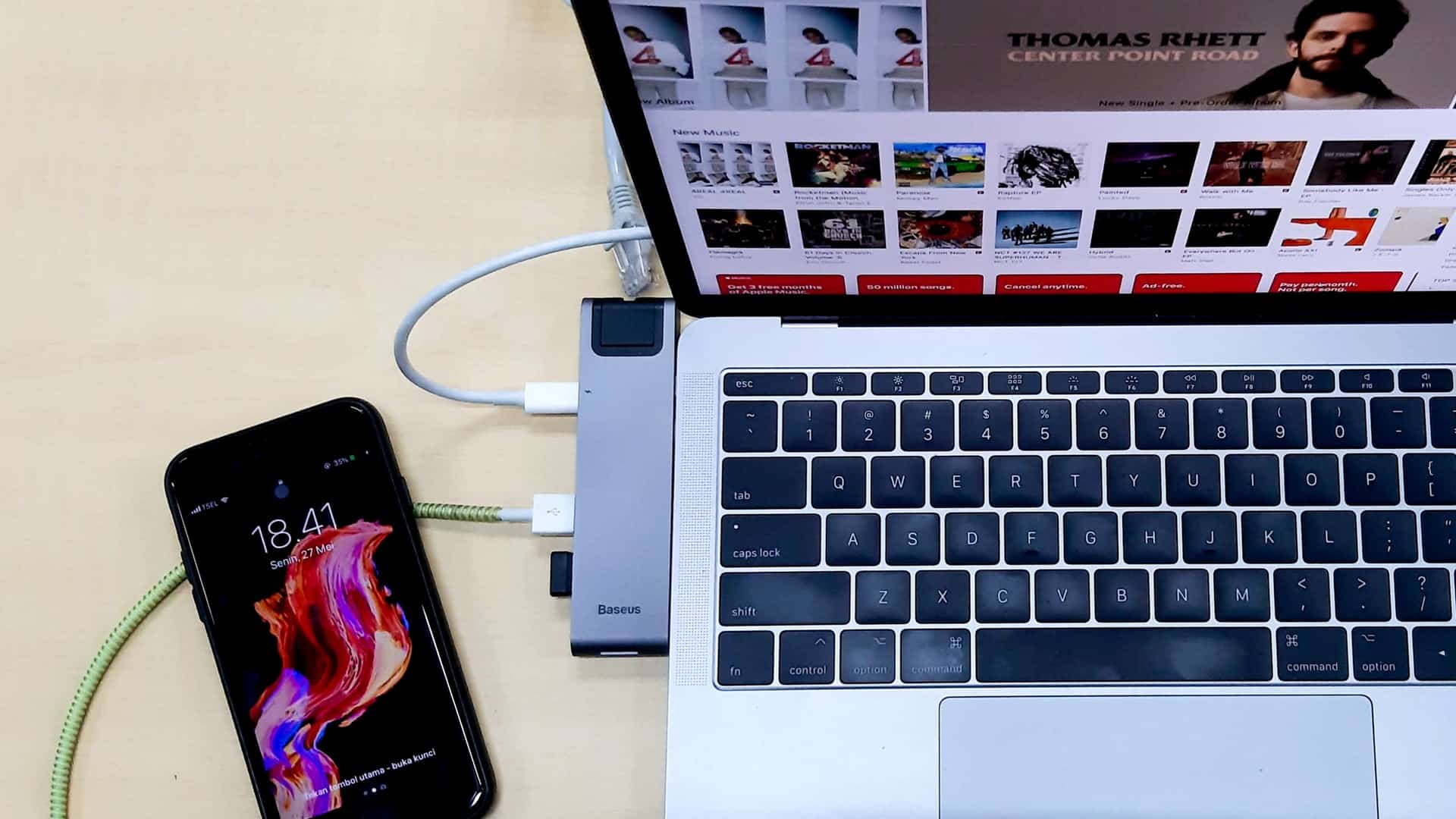 Laptop with USB hub and phone